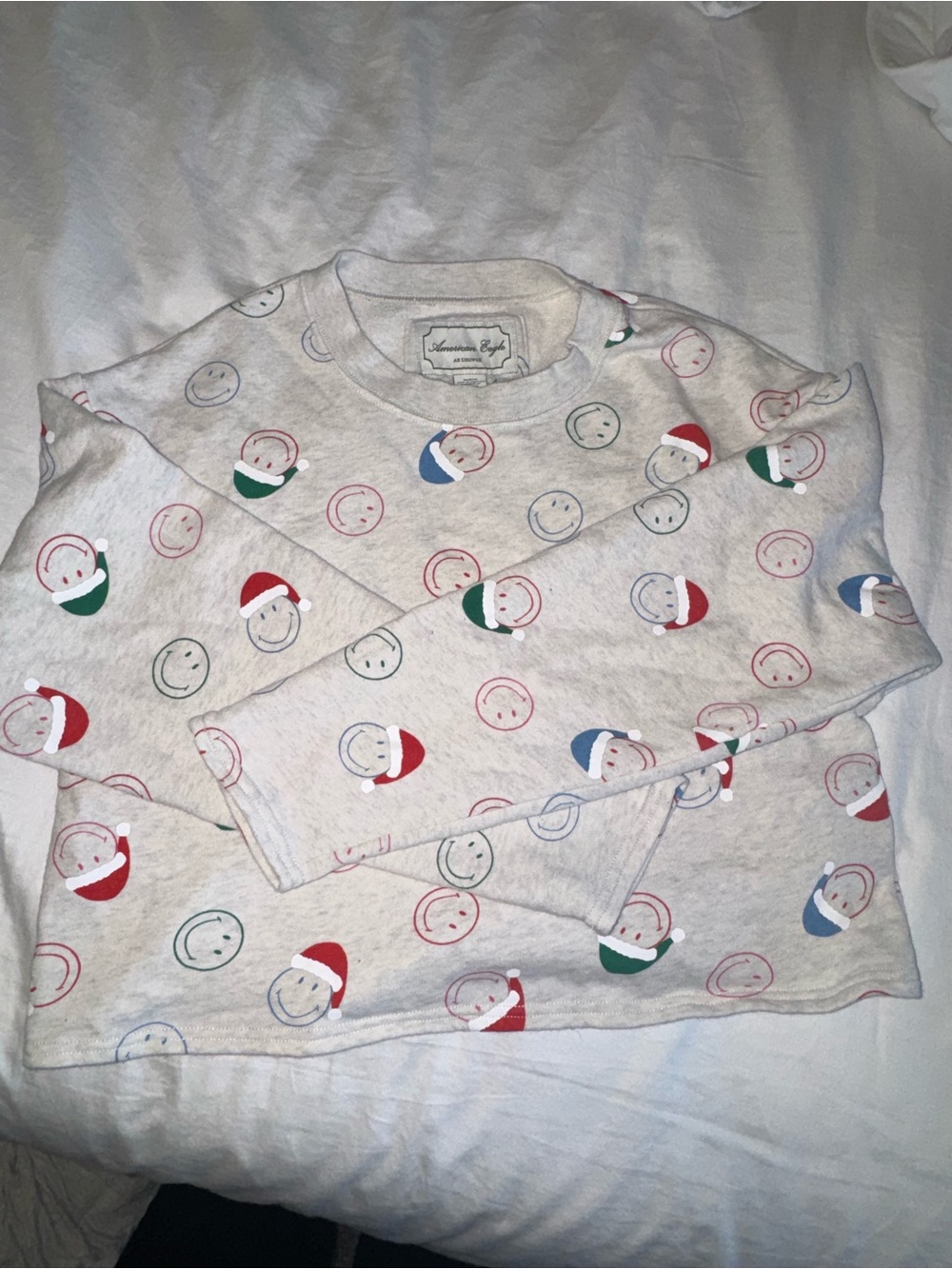 American Eagle Outfitters Cream Smiley Face Pullover with Multicolor Accents
